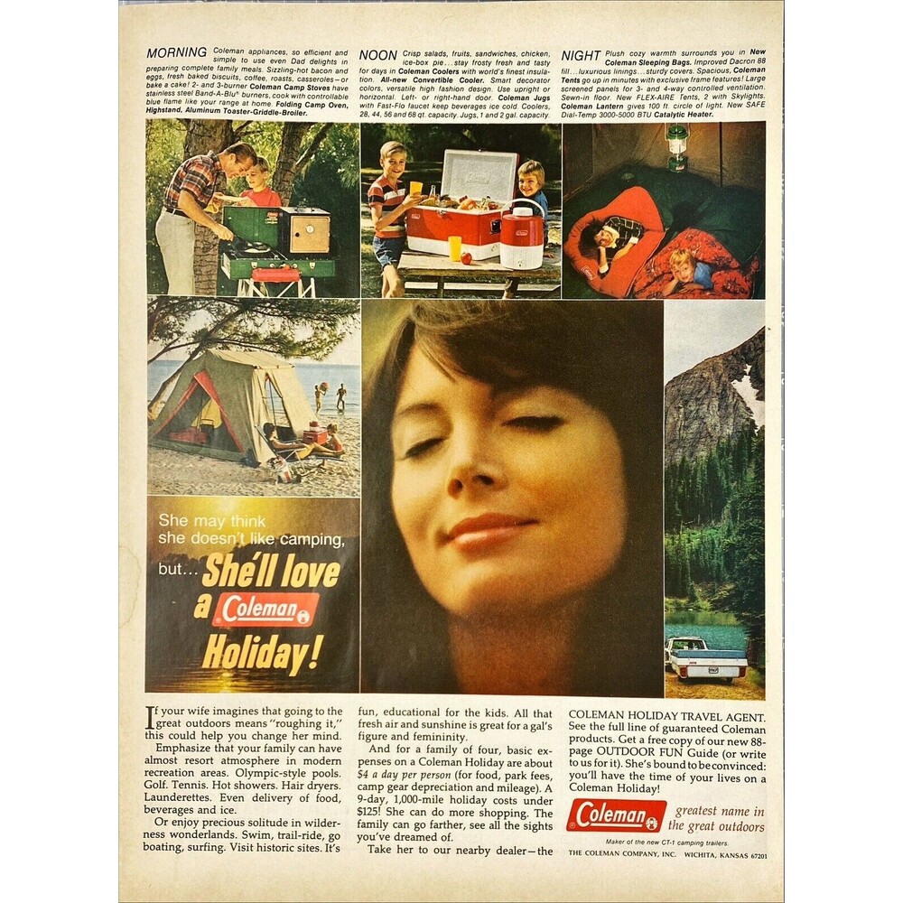 Coleman "Greatest Name in the Great Outdoors" Vintage Print Ad 1967